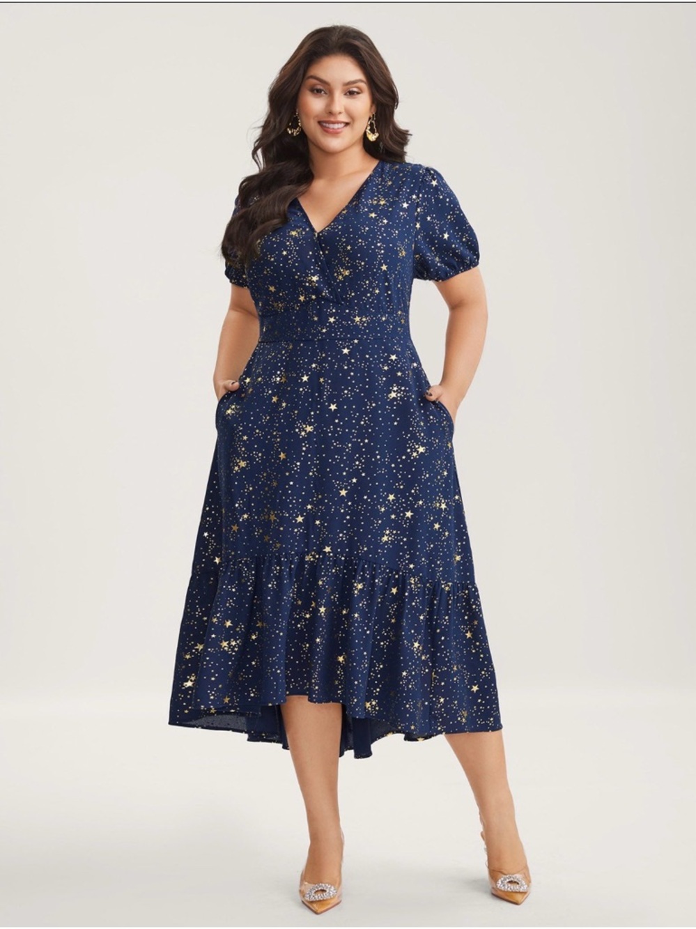 BloomChic Navy Star-Print High-Low Midi Dress